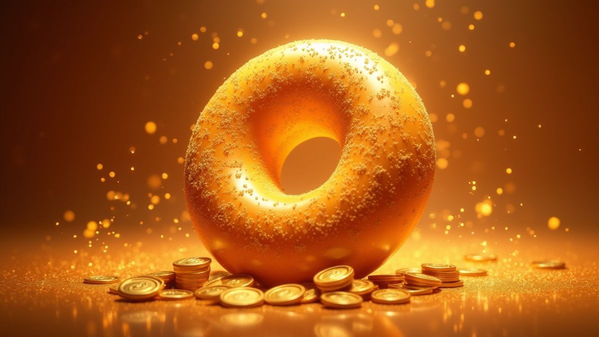 Ein riesiger goldener Donut umgeben von Glitzer und Münzen.