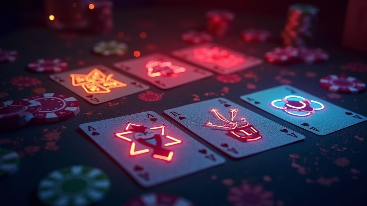 Poker table with glowing joker and deuce cards.