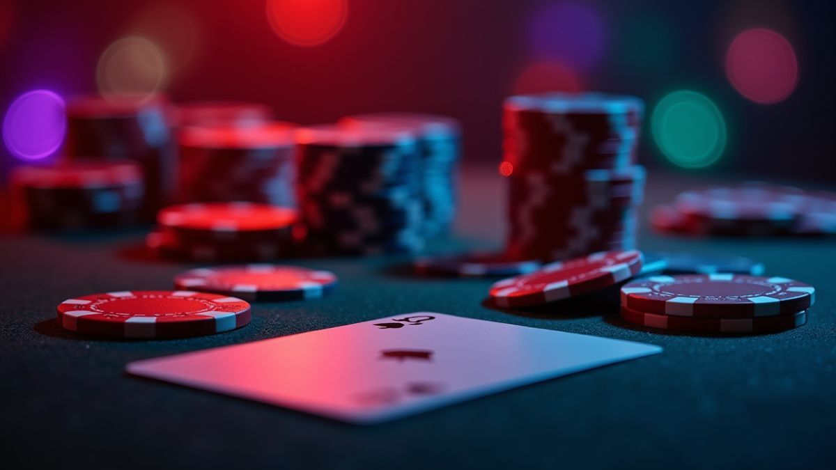 Ambiente de cassino com fichas de pôquer e cartas brilhantes.