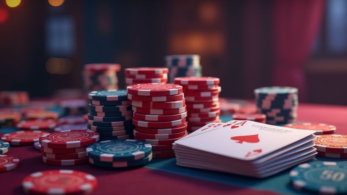 Mesa de póker animada con fichas y cartas apiladas.