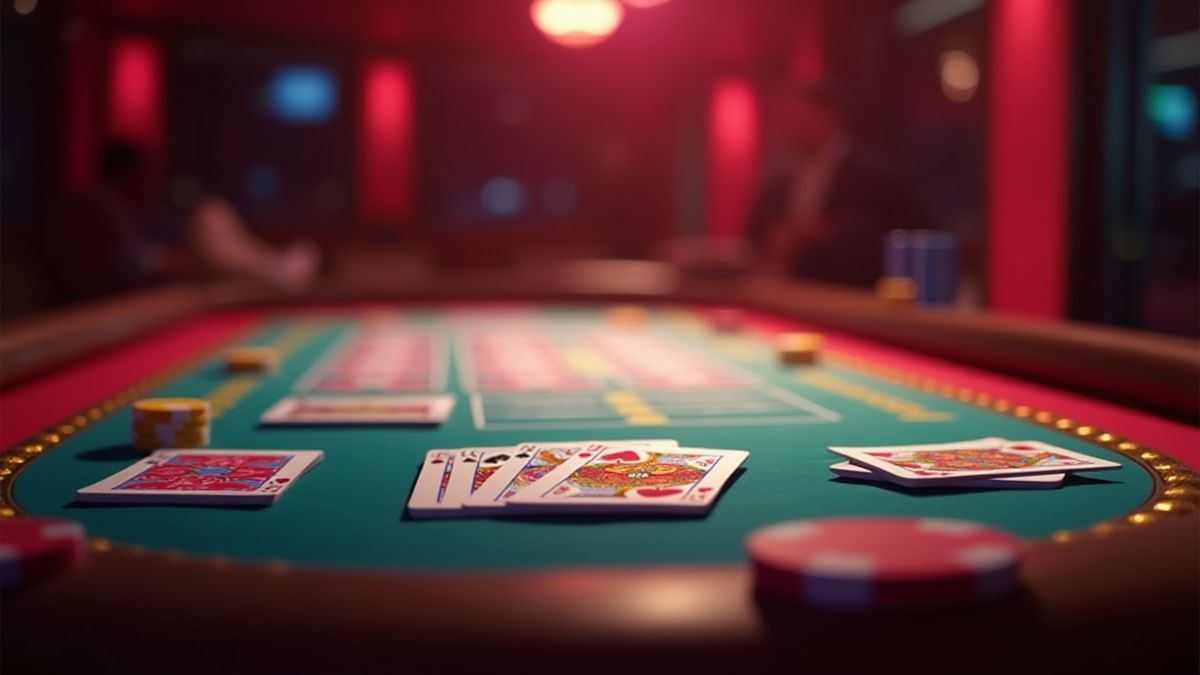 Four poker hands on an animated casino table.