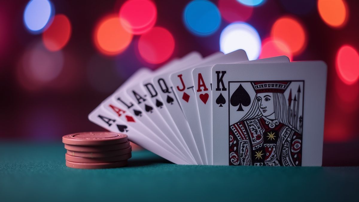 Pokercards verlicht onder casinolichten.