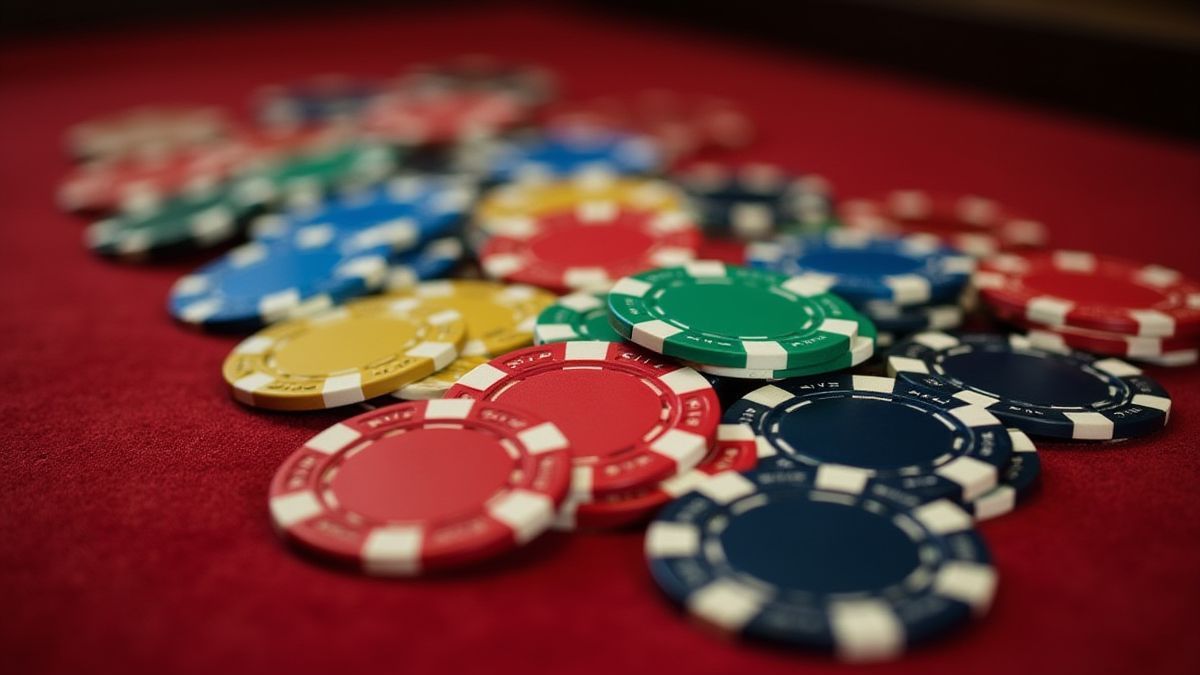 Multicolore casinofiches op een speeltafel.