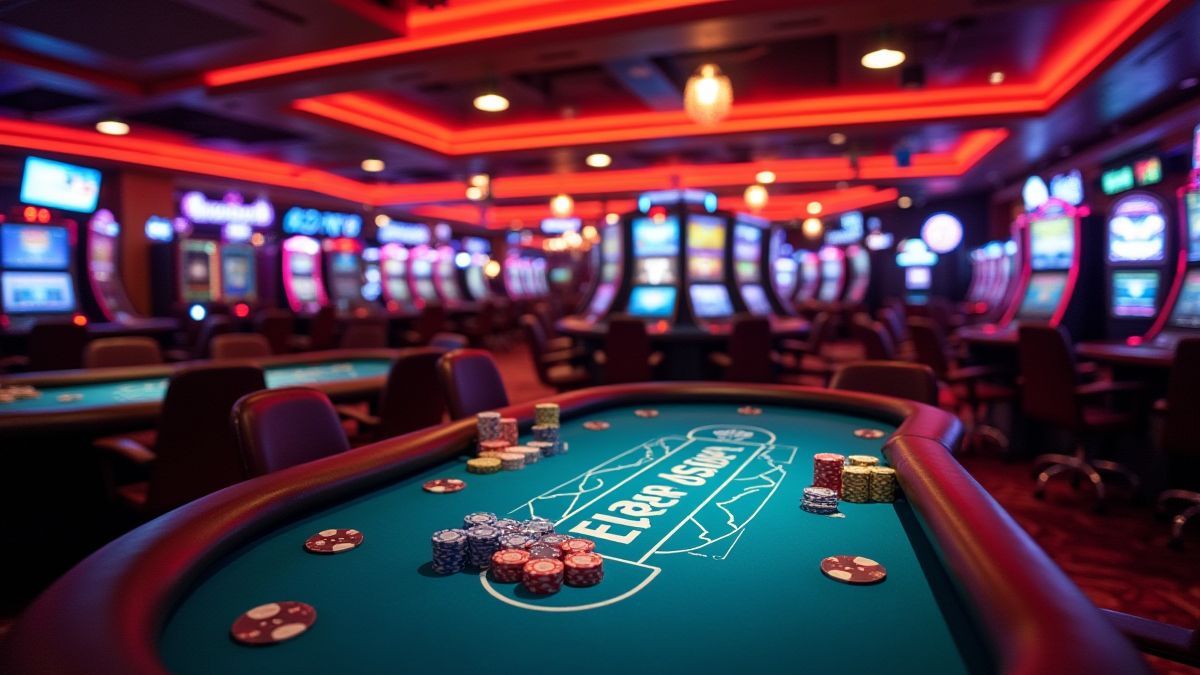 Interieur van een casino met felle lichten en pokertafels.