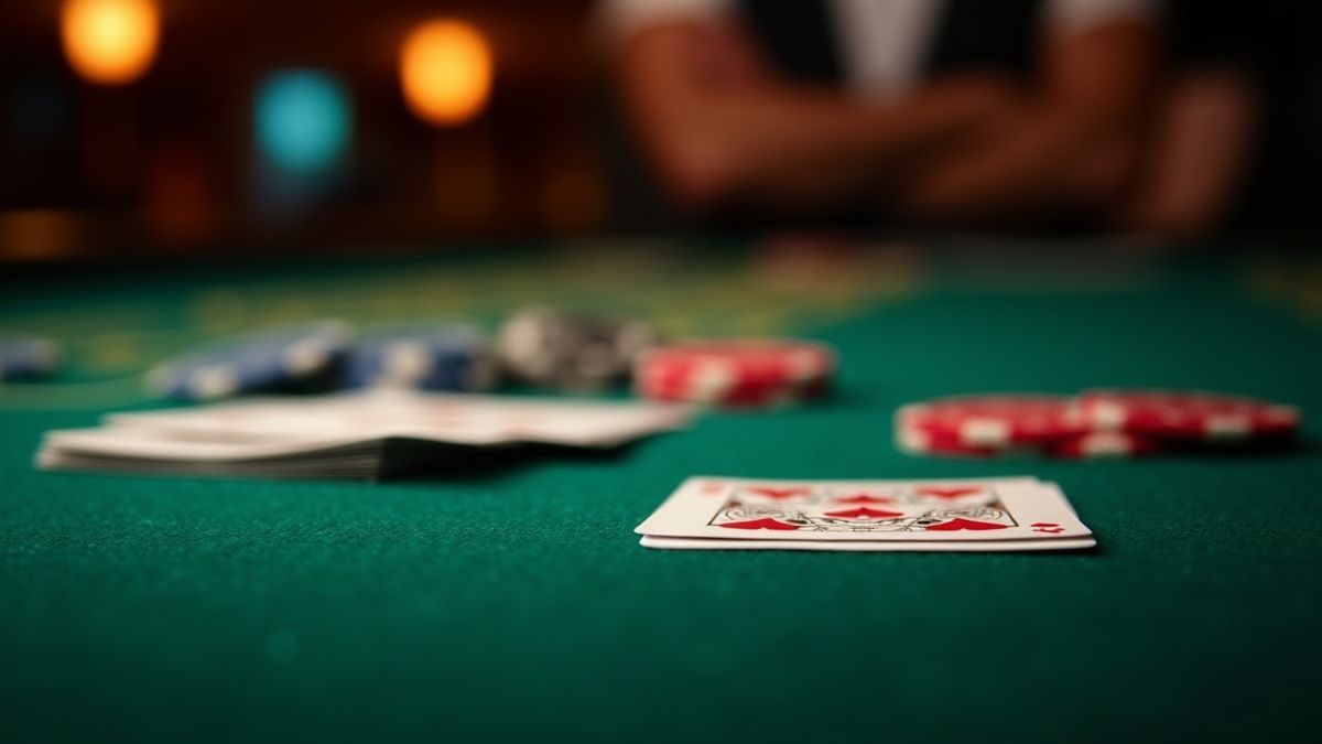 Pokerkarten und Chips auf einem grünen Casino-Tisch.