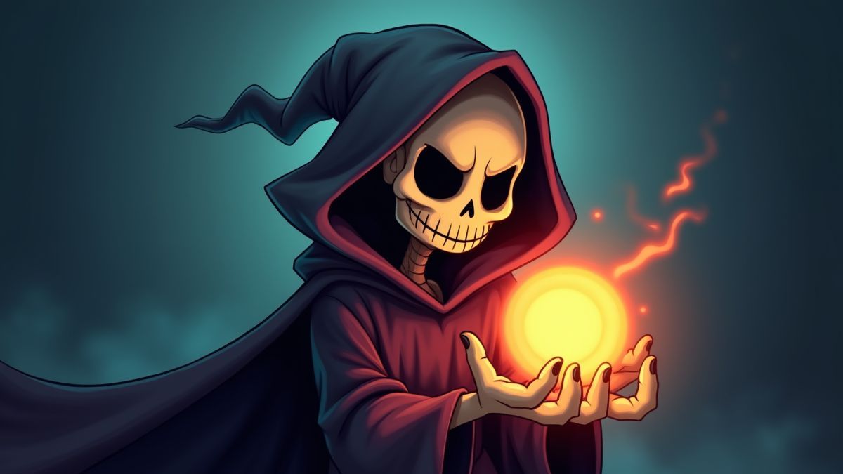 El Grim Reaper sostiene un orbe brillante y sonríe de forma traviesa.