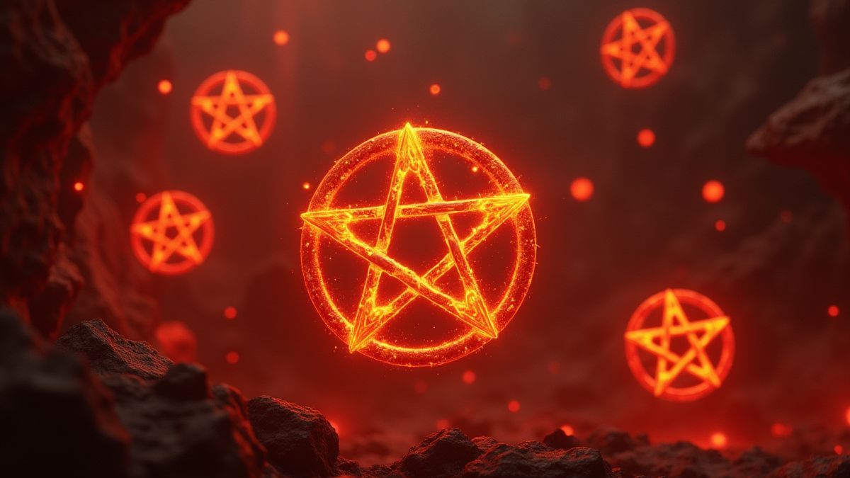 Pentagramas brillantes flotando en un ambiente infernal.