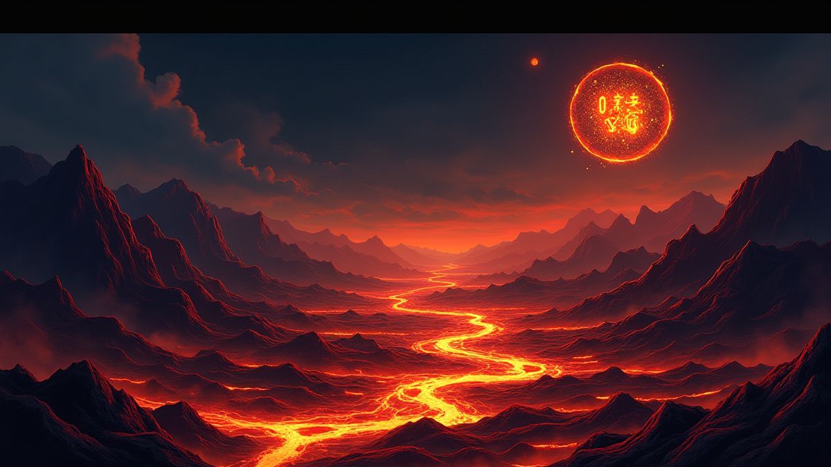 Paisaje ardiente con ríos de lava y símbolos brillantes