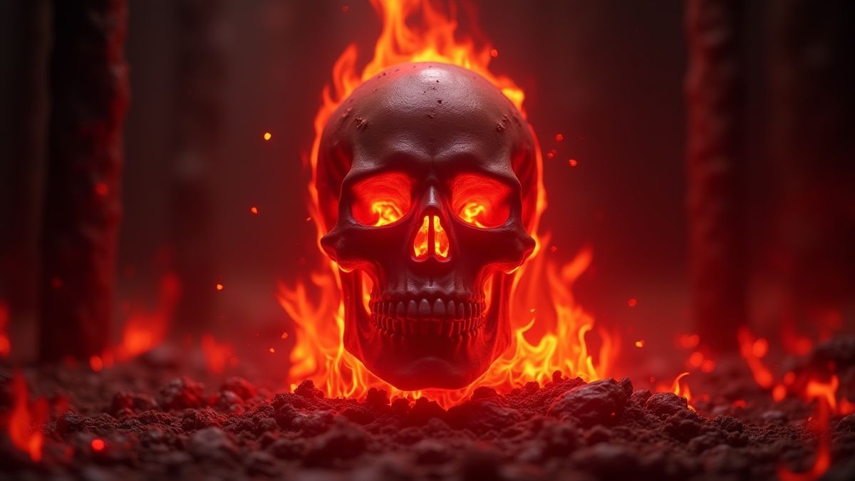 Une calavera roja brillante rodeada de llamas.