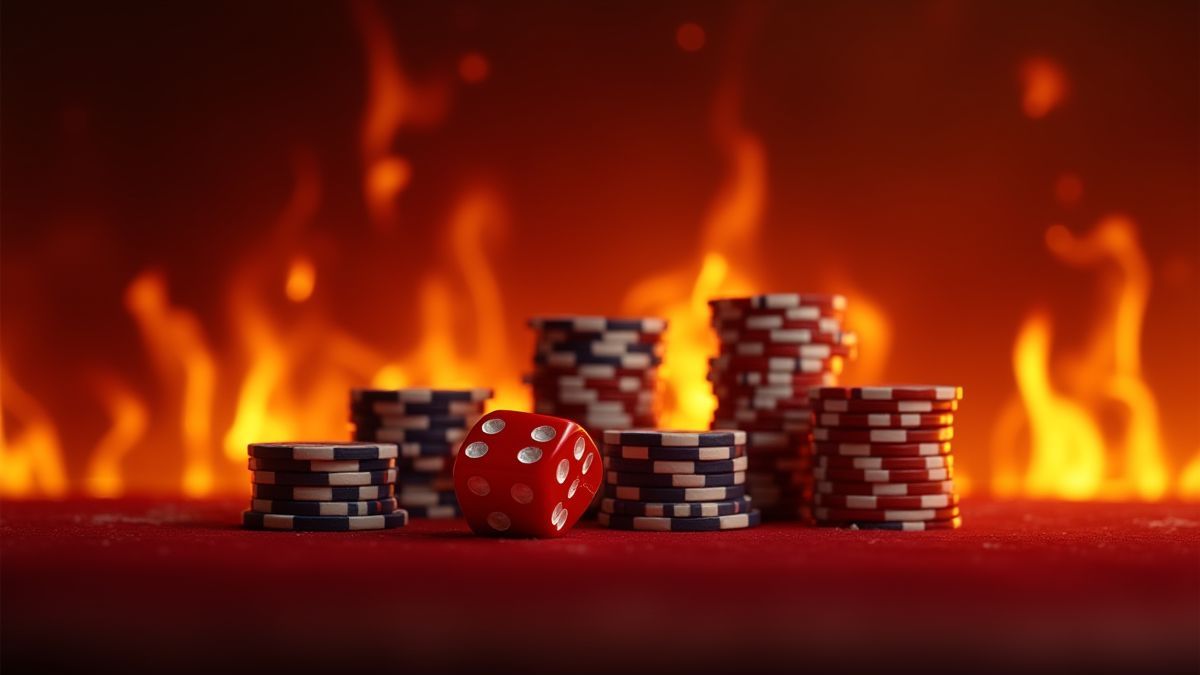 Un casino entouré de flammes avec des dés et des jetons brillants.