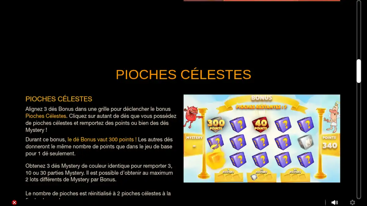 Présentation du bonus de Devilish Dice avec des dés colorés.