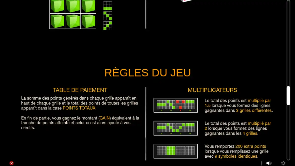 Écran des fonctionnalités de Devilish Dice avec l'image de marque et les instructions du jeu.