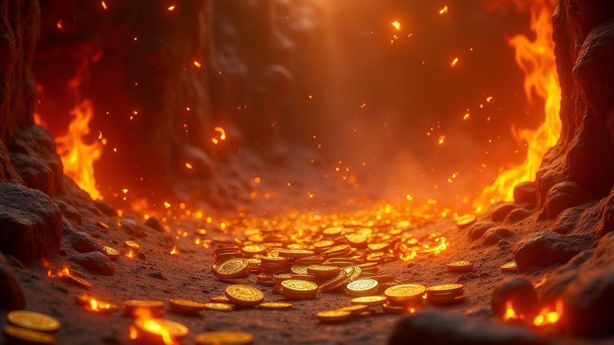 Un inframundo lleno de monedas de oro y llamas.