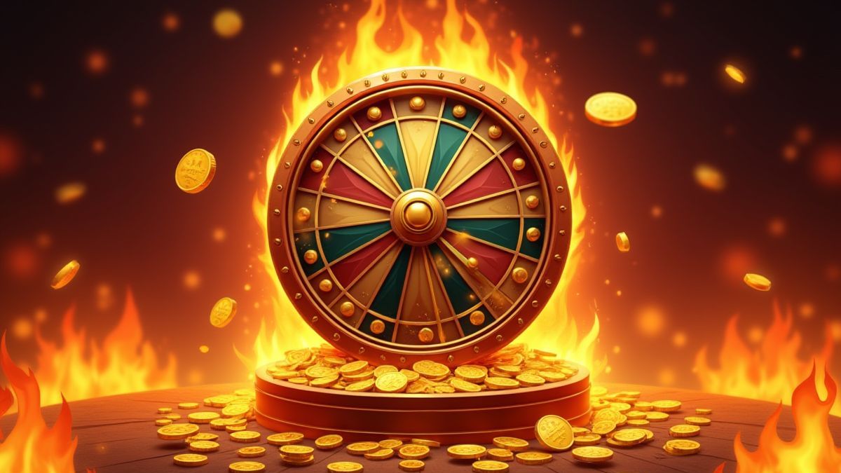 Una rueda de jackpot rodeada de llamas y monedas de oro.