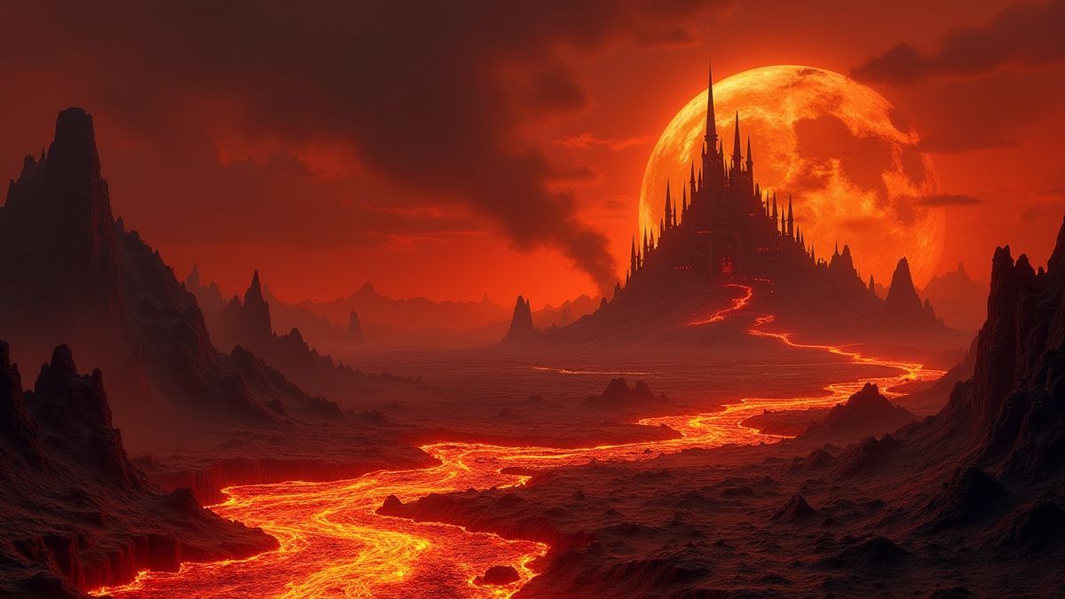 Infernal landscape with lava and a demonic castle.