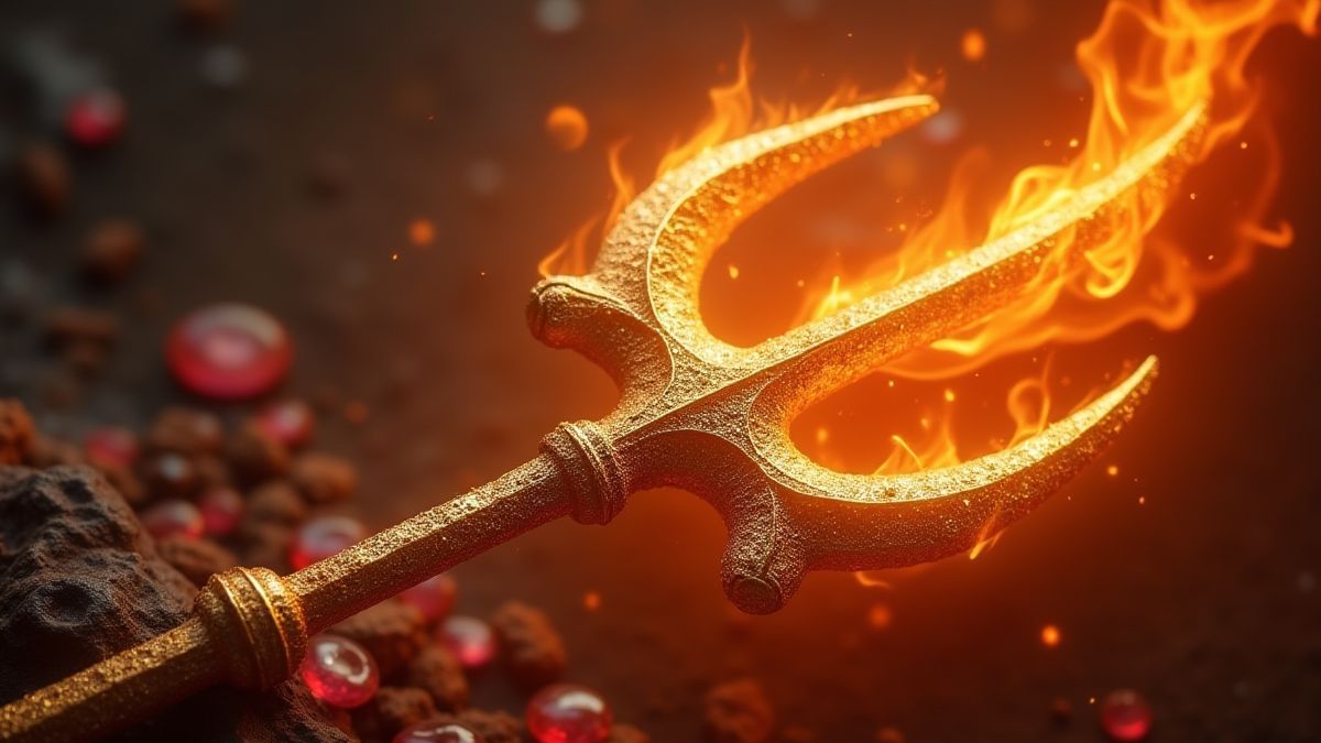 Golden trident surrounded by a fiery glow and sparkling gems.