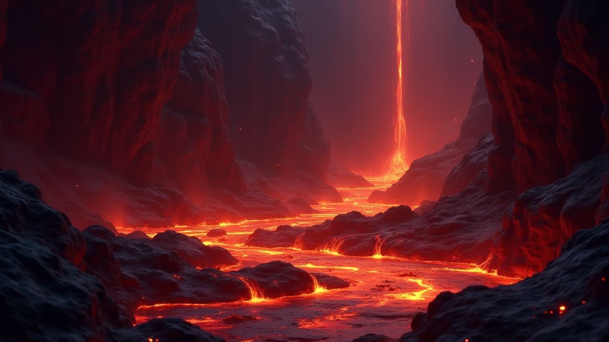 Leuchtende Runen und Lava in einer dunklen Höhle.