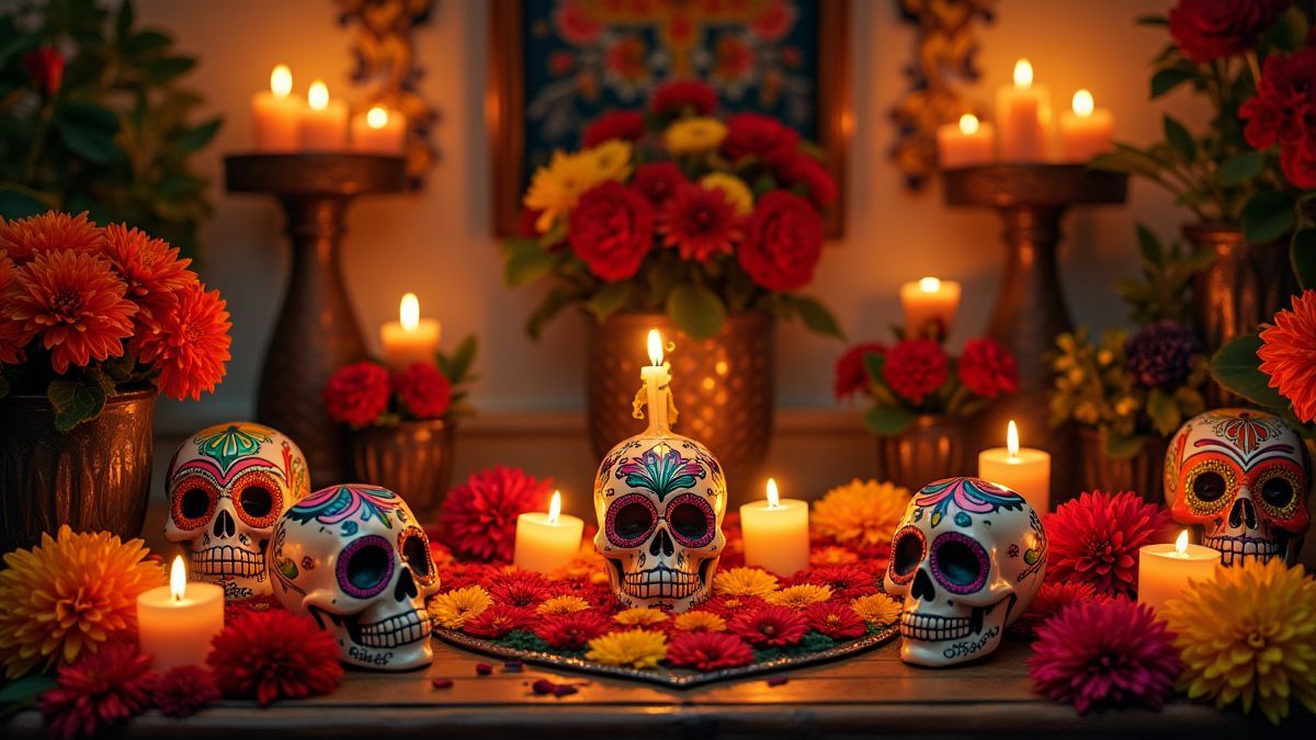Un altar del Día de los Muertos con velas, flores de cempasúchil y calaveras de azúcar.