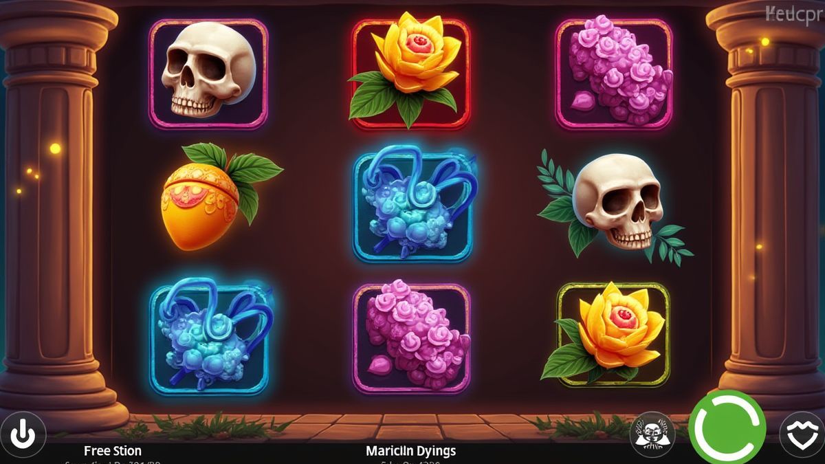 Pantalla de juego llena de flores de cempasúchil y calaveras coloridas.