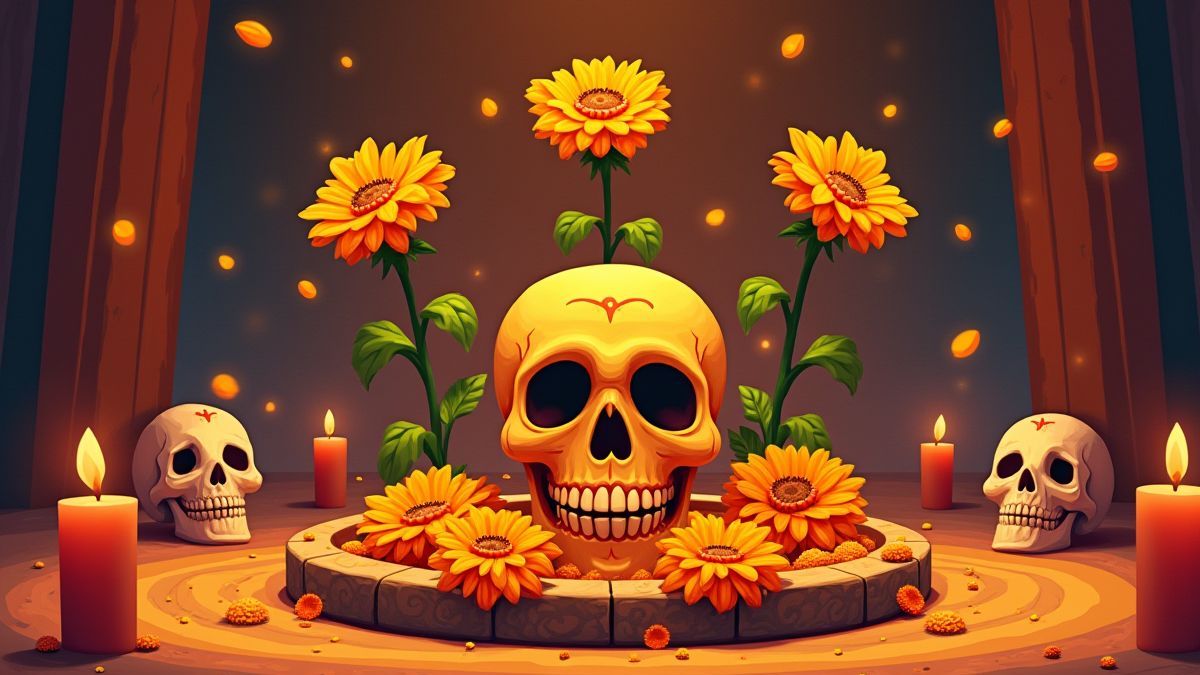 Cempasúchil bloemen en decoratieve schedels op een altaar van de Día de Los Muertos.