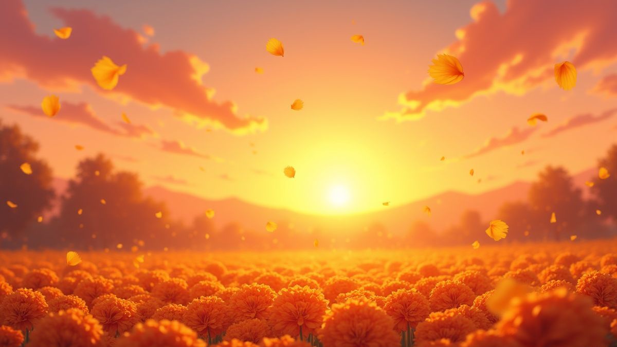 Zonsondergang met cempasúchil bloemblaadjes die in de lucht zweven.