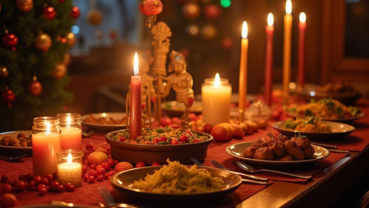 Feestelijke tafel met kaarsen, traditionele gerechten en kleurrijke decoraties.