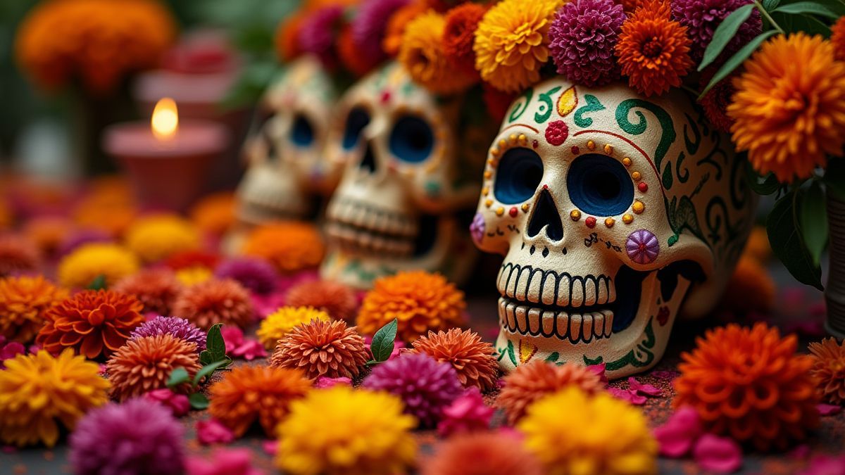 Fleurs de cempasúchil et crânes en sucre sur un autel traditionnel.