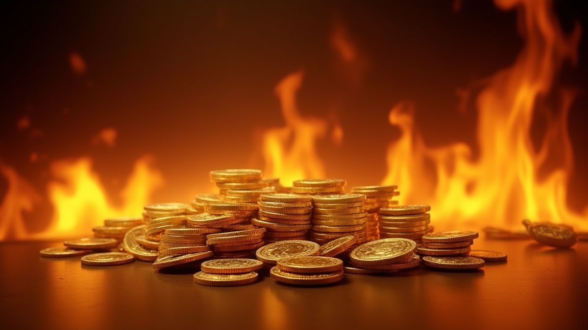 Gouden munten en vlammen in een casinothema.