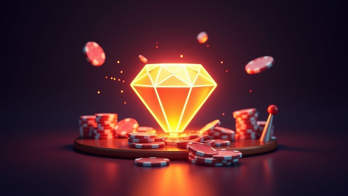 Um diamante brilhante rodeado de elementos clássicos de cassino como fichas e uma alavanca de slot.