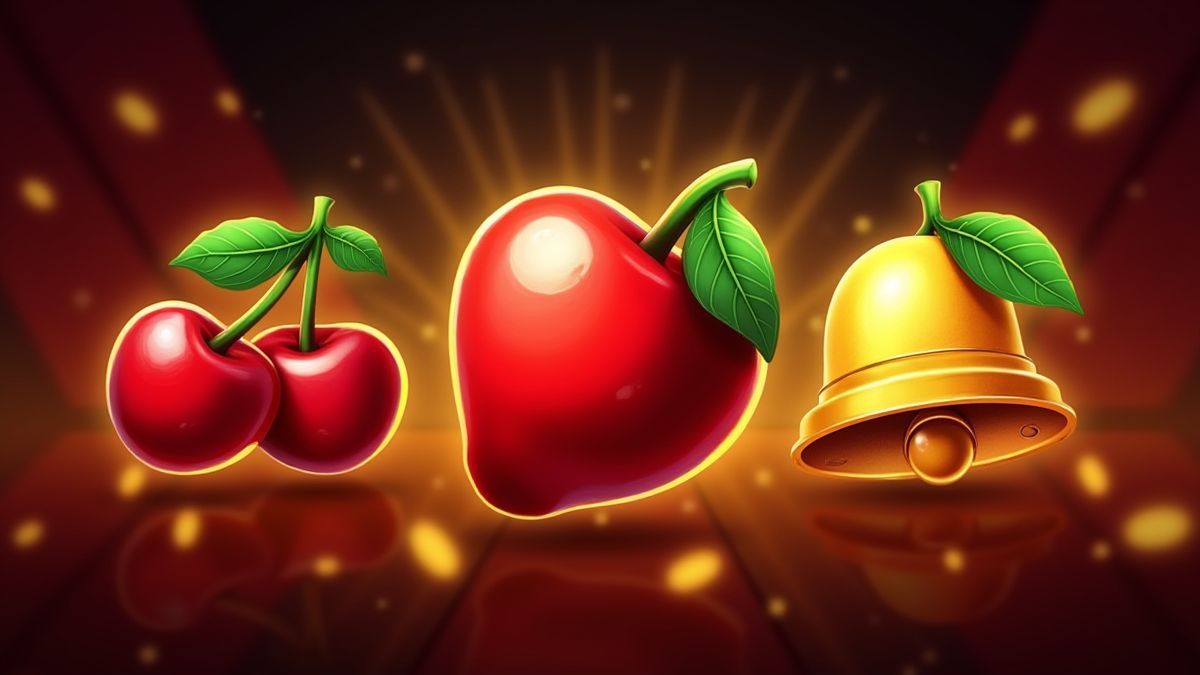 Símbolos de frutas retro en un fondo de casino iluminado.