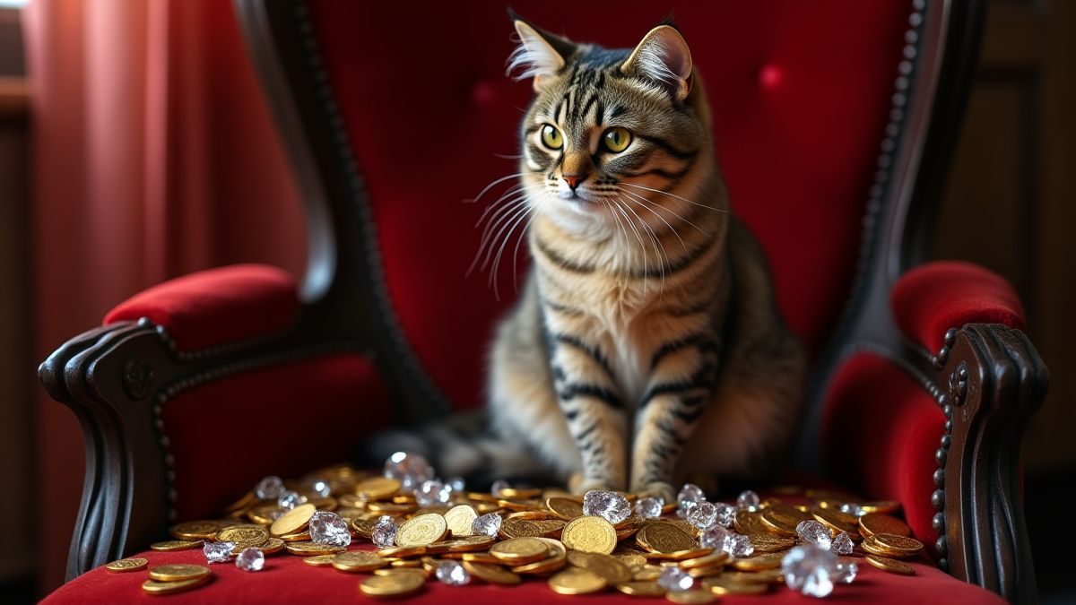 Chat élégant entouré de diamants et de pièces en or.