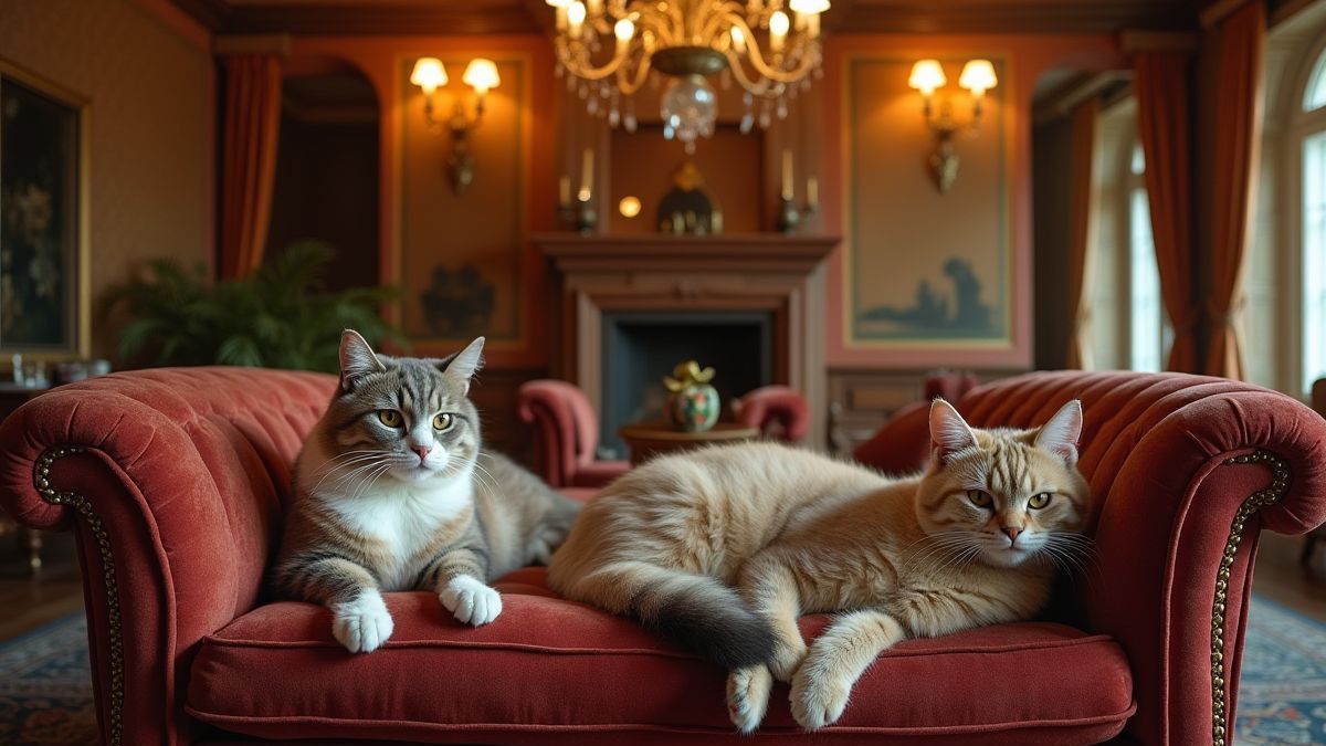 Intérieur d'un manoir avec des chats se reposant sur des meubles luxueux.