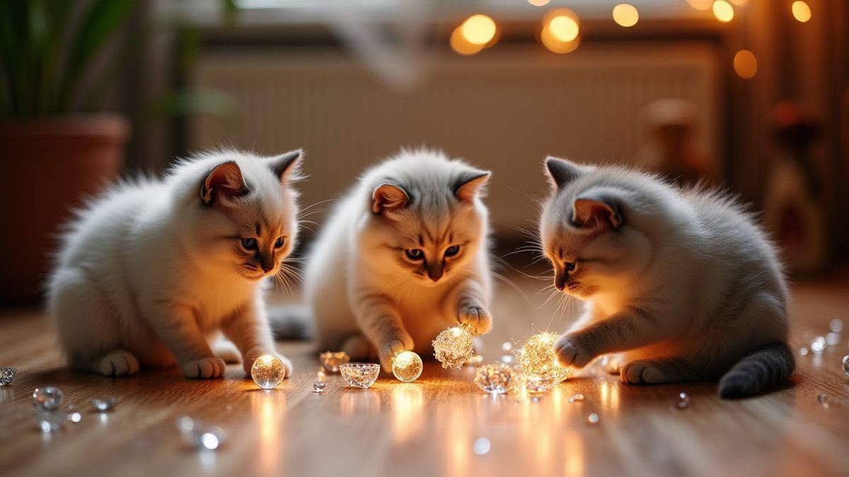 Chats jouant avec des jouets en diamants dans une pièce confortable.