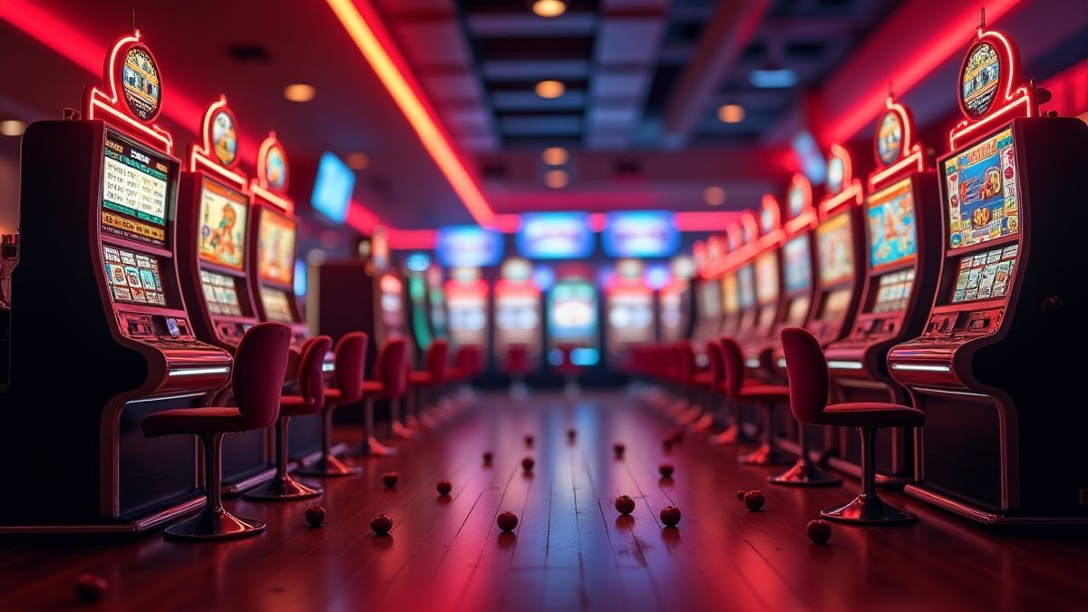 Ein Retro-Casino mit leuchtenden Spielautomaten und verstreuten Kirschen.