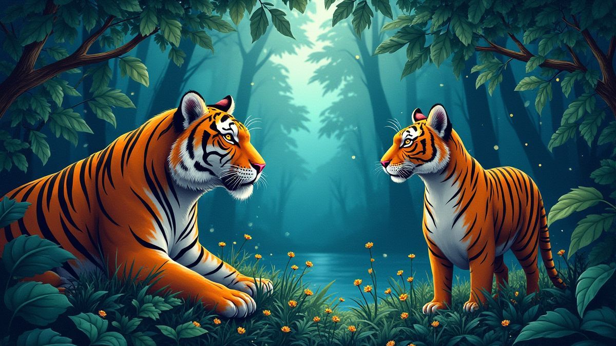 Ein strahlender Dschungel mit Tigern und Papageien.