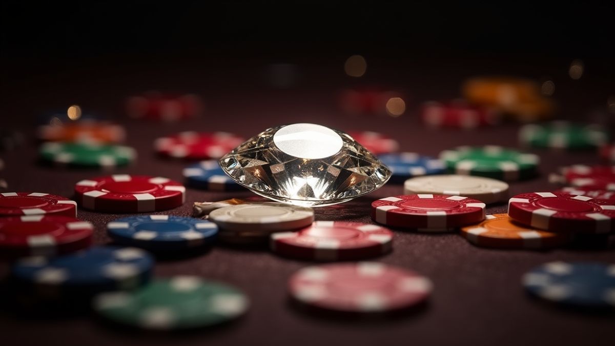 Diamante brillante rodeado de fichas de casino y cartas.