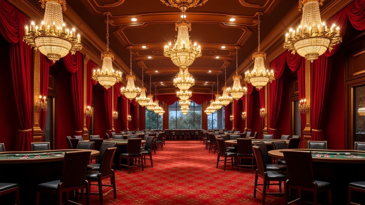 Innenraum eines eleganten Casinos mit Kronleuchtern und roten Samtvorhängen.