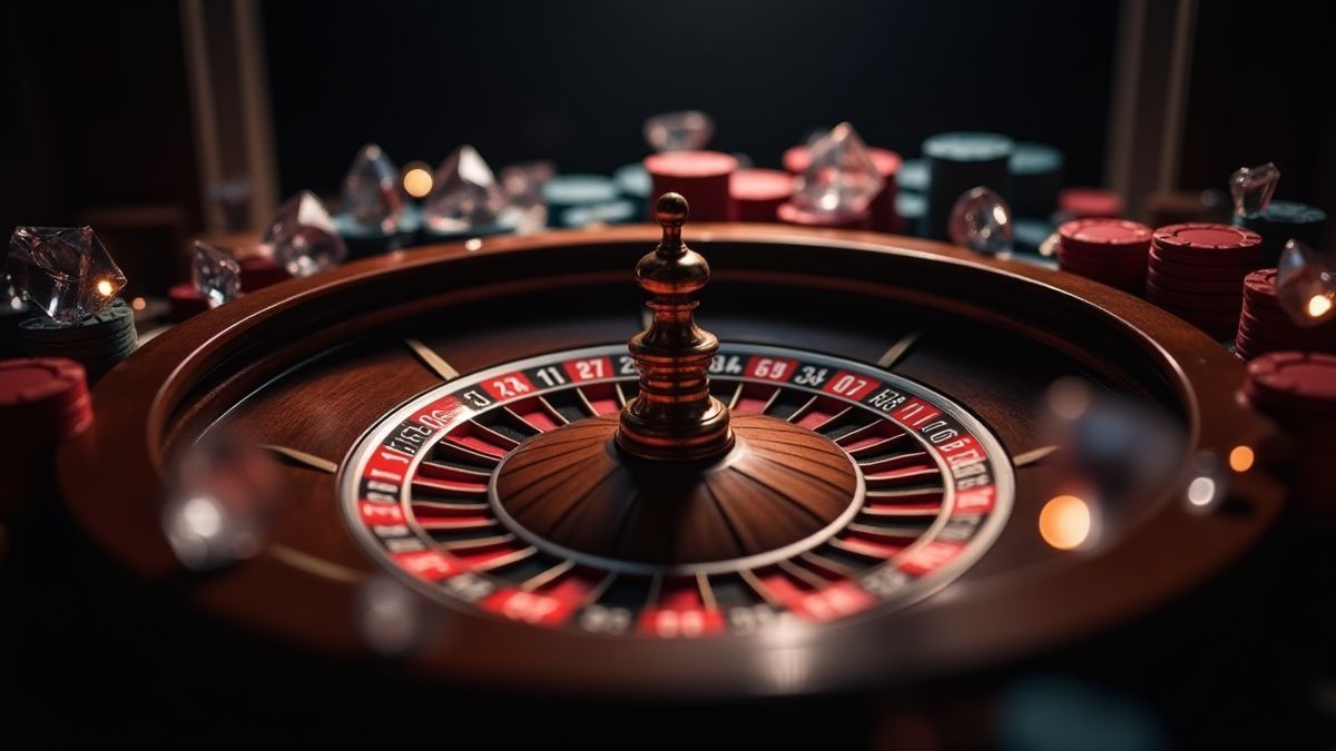 Ruleta rodeada de diamantes y fichas bajo iluminación dramática.