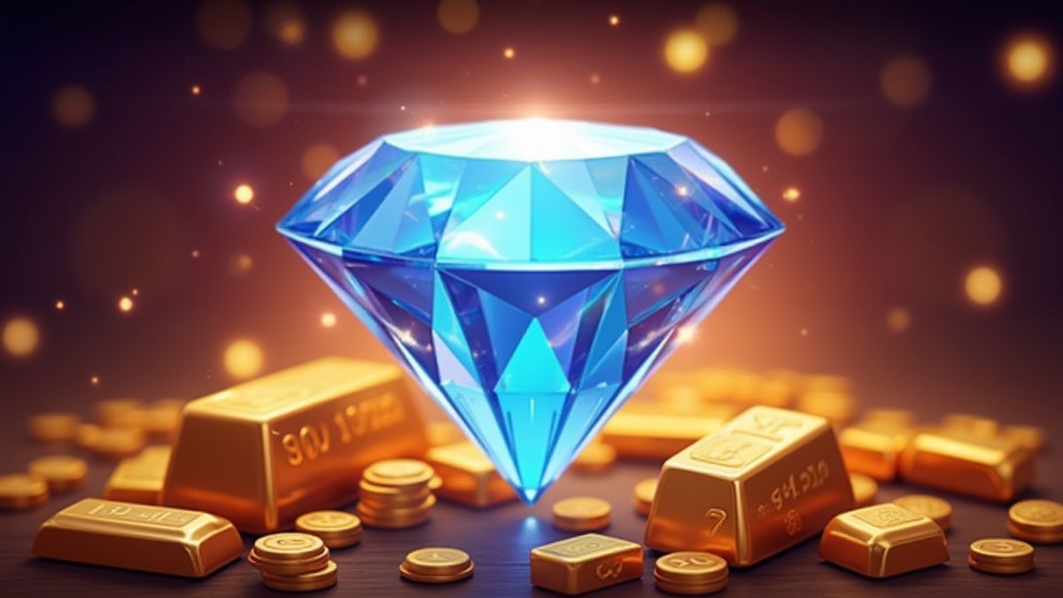 Diamant brillant junto a símbolos clásicos como barras doradas y el número 7.