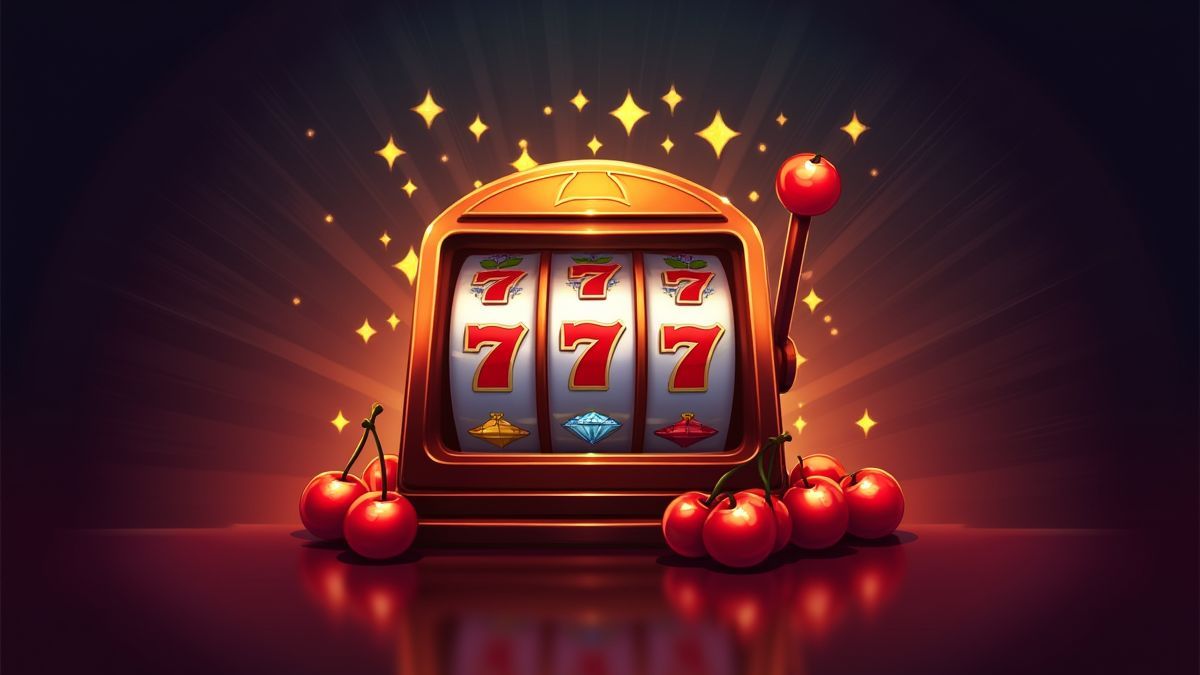 Classic slot machine with cherries and diamonds glowing brightly.