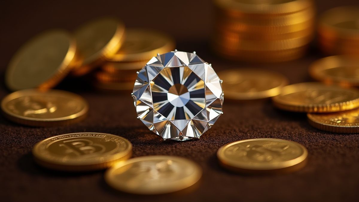 A sparkling diamond on velvet surrounded by gold coins.