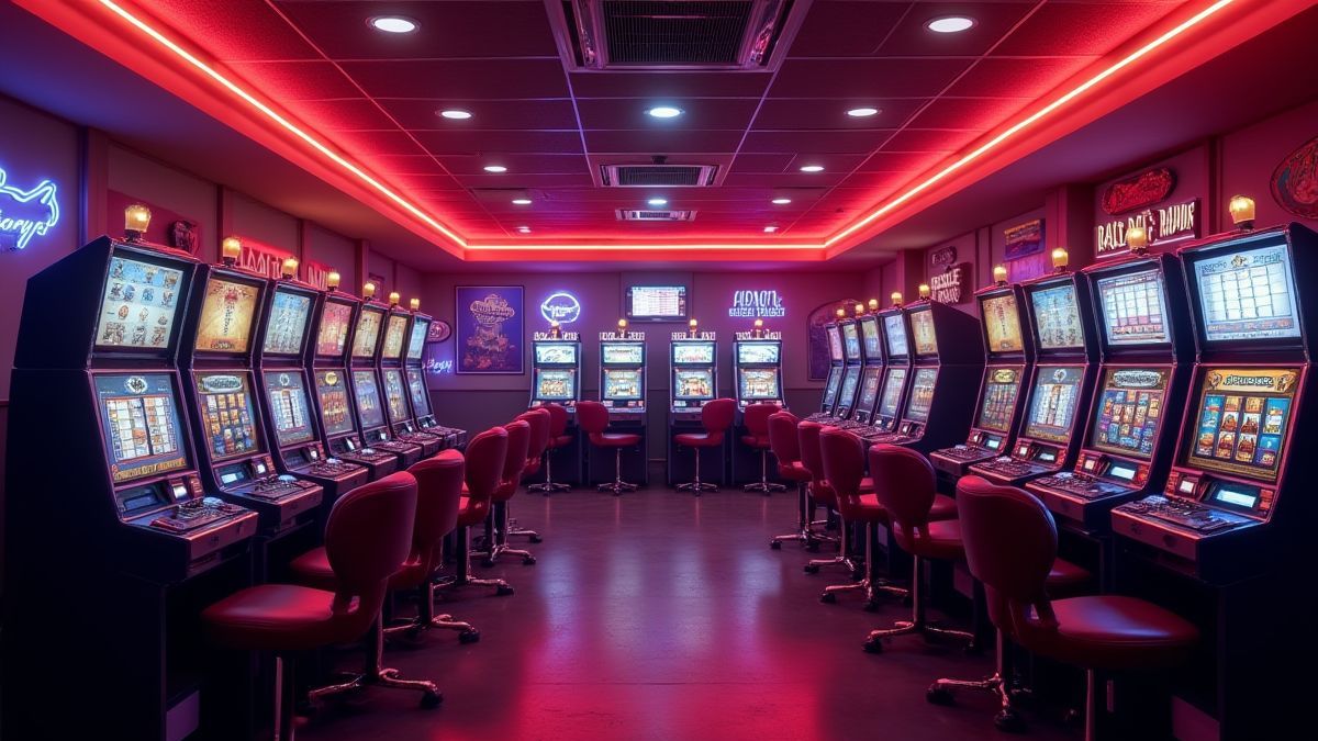 A retro casino lounge with neon lights and slot machines.