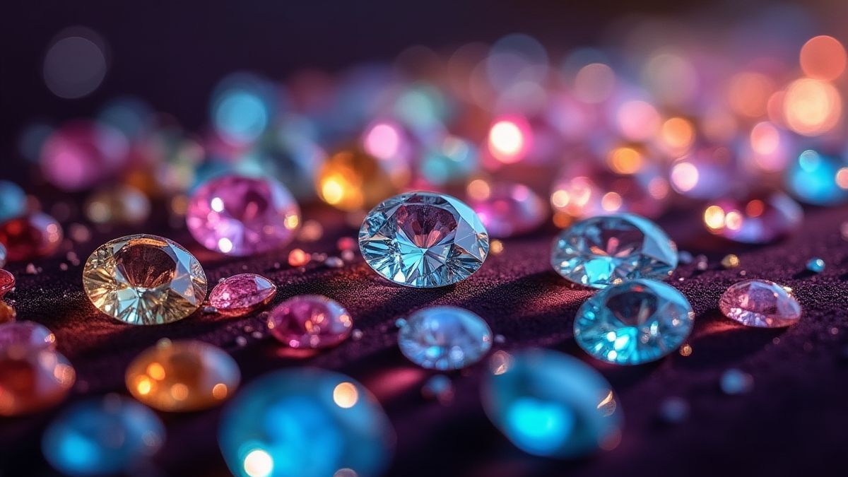 Diamantes y gemas brillantes sobre una superficie de terciopelo.