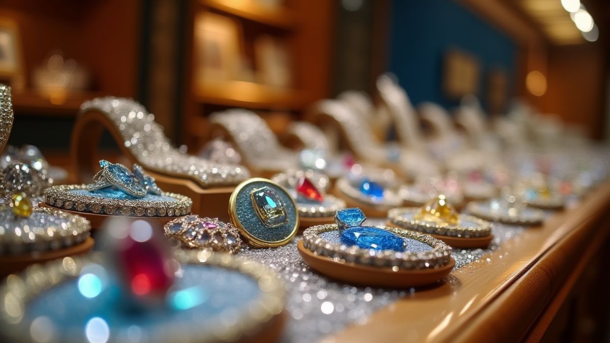 Exhibición de joyas con diamantes y gemas coloridas bajo luces brillantes.
