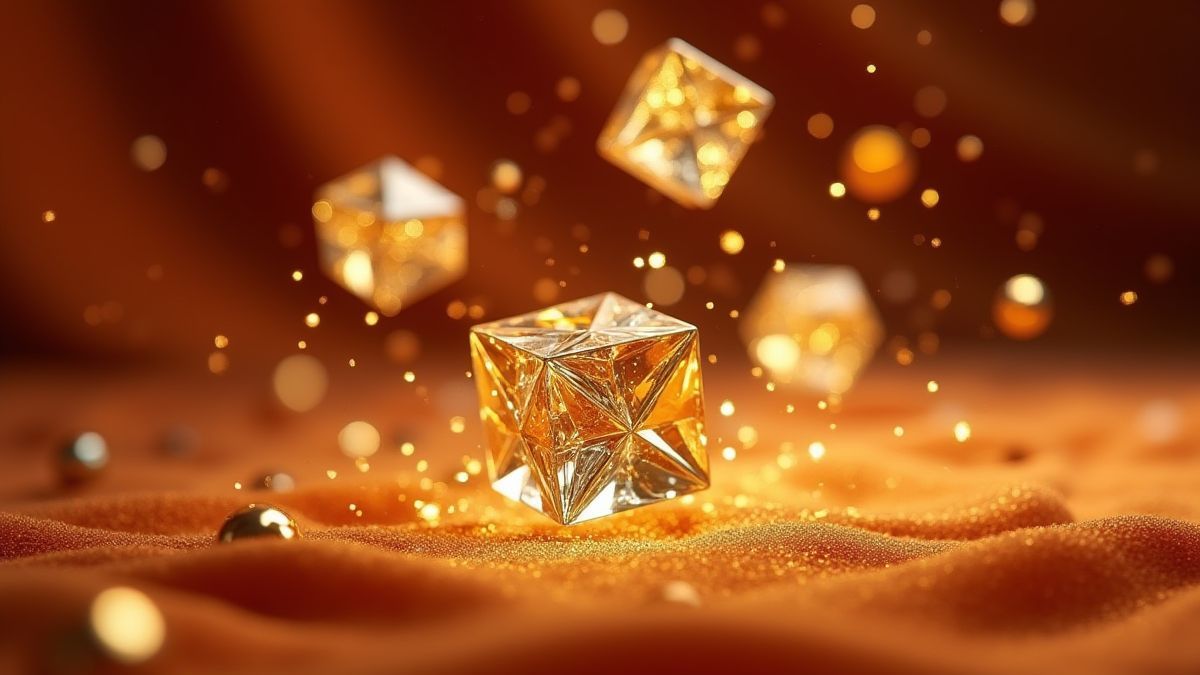 Dados de diamante caindo em um ambiente de cassino dourado.