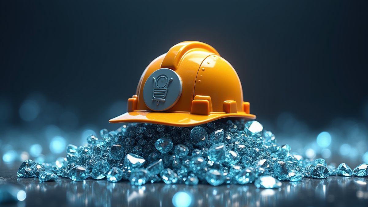 Ein Minenhelm auf einem Haufen glänzender Diamanten.
