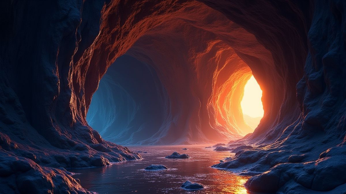 Eingang einer leuchtenden Höhle mit schimmernden Kristallen.