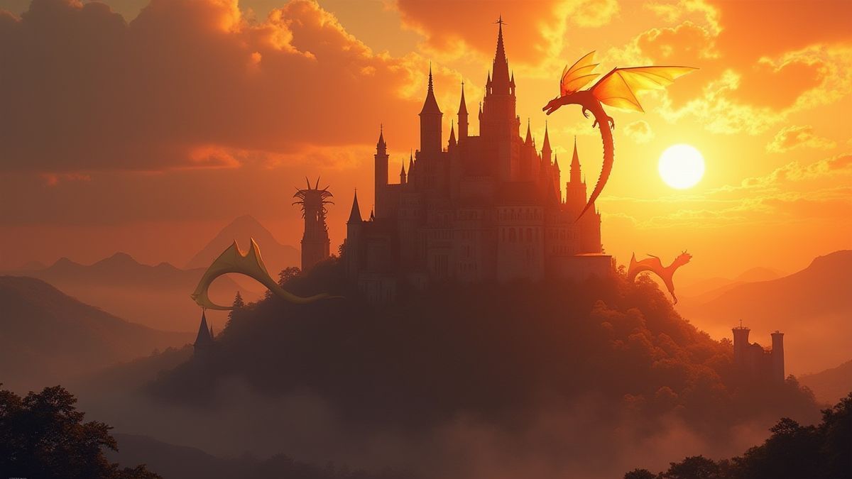 Un castillo antiguo con dragones volando bajo un atardecer resplandeciente.