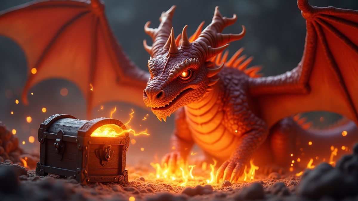 Un dragón lanzando llamas junto a un cofre del tesoro lleno de gemas resplandecientes.