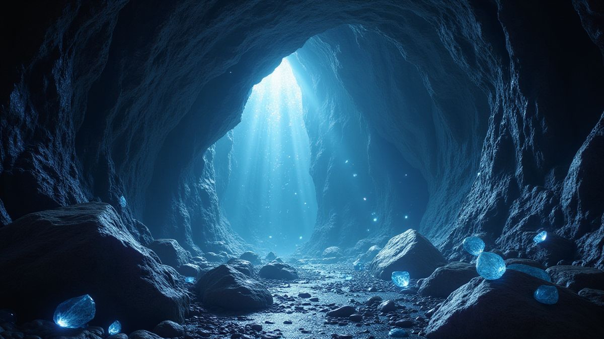 Una cueva mística llena de diamantes relucientes y luz mágica.